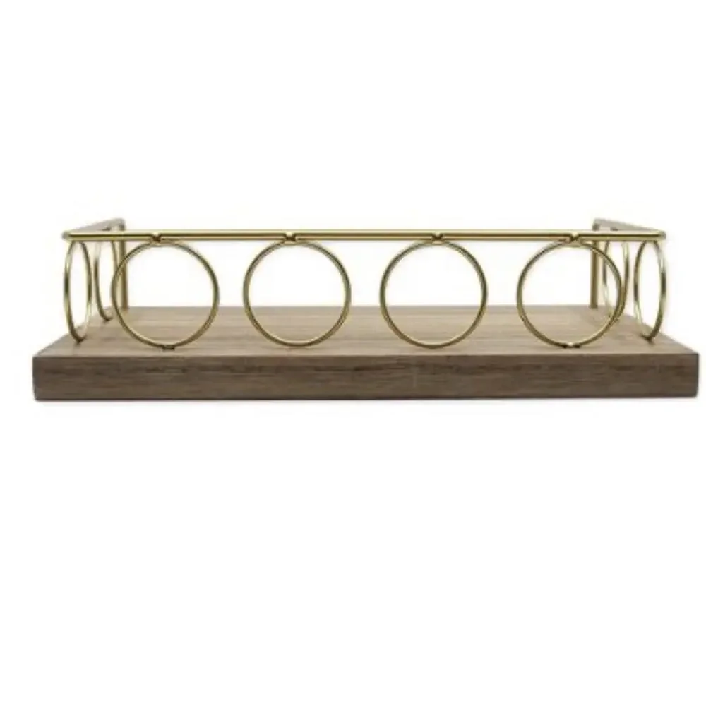 New View Circle Gold Rim Floating Shelf Light Wash Gold Wooden Base Easy Mount